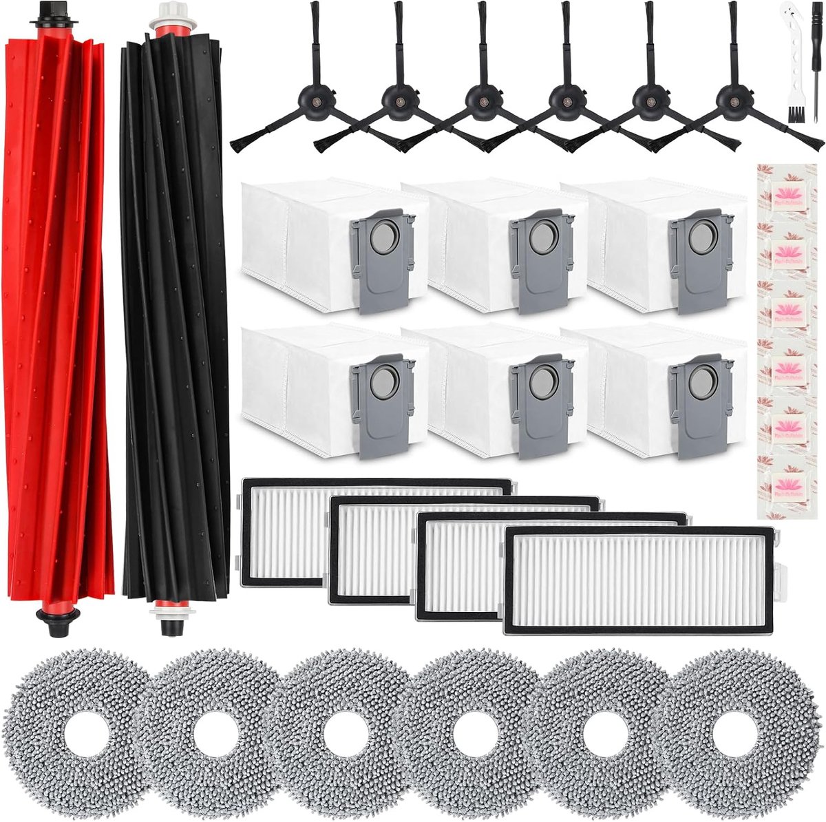Realm set van 32 stuks accessoires voor Roborock Qrevo Master/Qrevo Slim robot-stofzuigers, 1 dubbele hoofdborstel, 3 filters, 6 schoonmaakdoeken, 6 zijborstels, 6 stofzakken, 1 reinigingsborstel