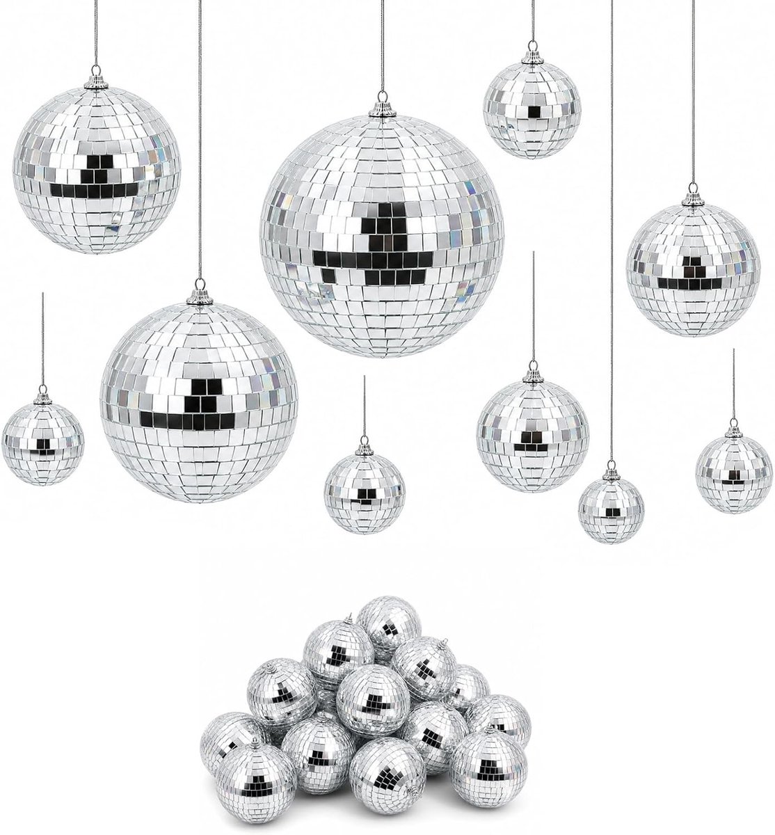 40 stuks mini-discoballen, zilverkleurig, spiegelballen, discoballen in verschillende maten (2 cm, 3 cm, 4 cm, 5 cm), discobal, taarttoppers, decoratie voor feest, bruiloft, Kerstmis, bar