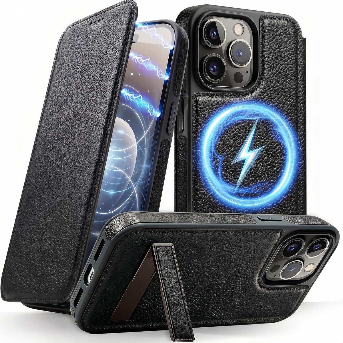 Flip Case voor iPhone 14 Pro Max, zwart, PU-leer, antislip, effen