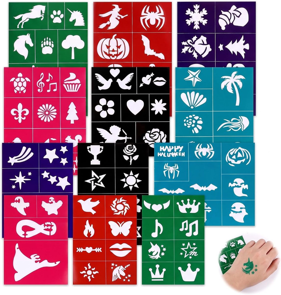 12 vellen tattoo-sjablonenset voor kinderen en volwassenen, zelfklevende glittertatoeages, sjablonen voor kindermake-up, sjablonen voor bodyart, carnaval, Halloween, verjaardagen, 2 sets
