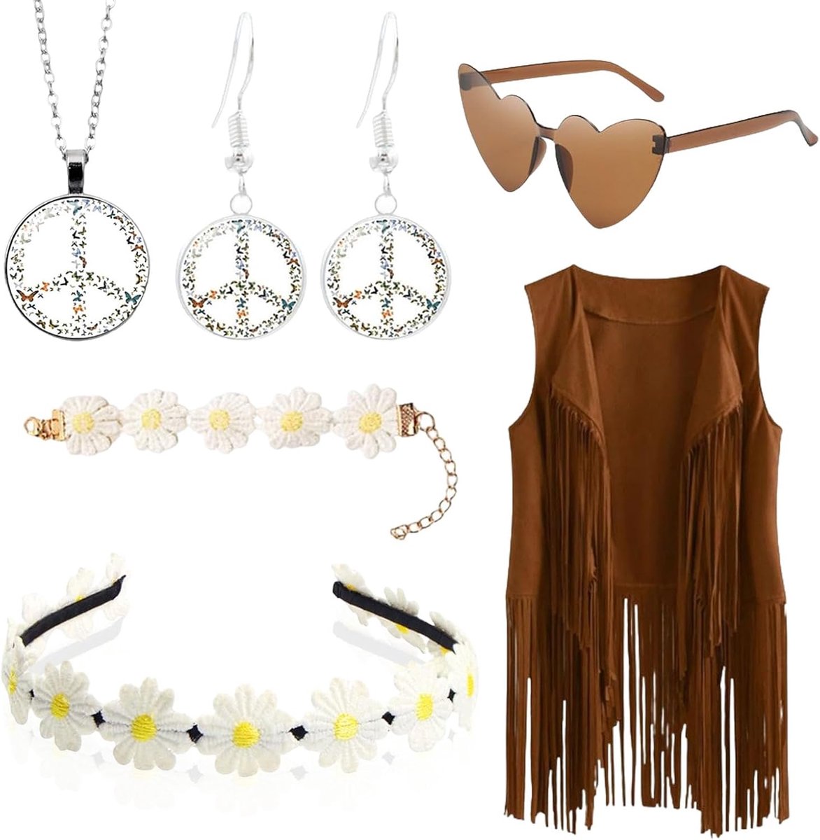 6 stuks western-outfit voor dames, hippie-kleding voor dames, jaren 60 en 70 outfit, franjes, mouwloos vest, hippie-kleding met accessoires, carnavalskostuums