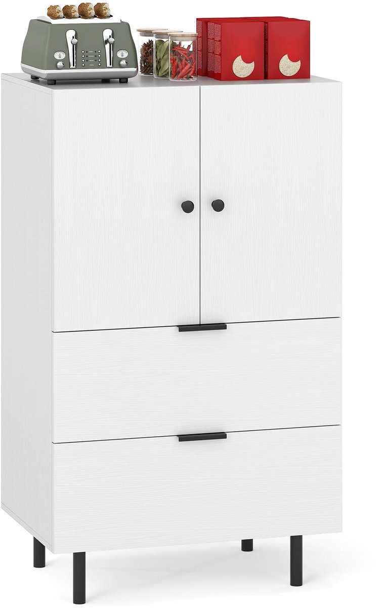 COSTWAY Sideboard hout met metalen poten, buffetkast serveerkast met laden en deuren, opbergkast voor woonkamer, eetkamer, keuken, 60 x 41,5 x 102 cm (wit)