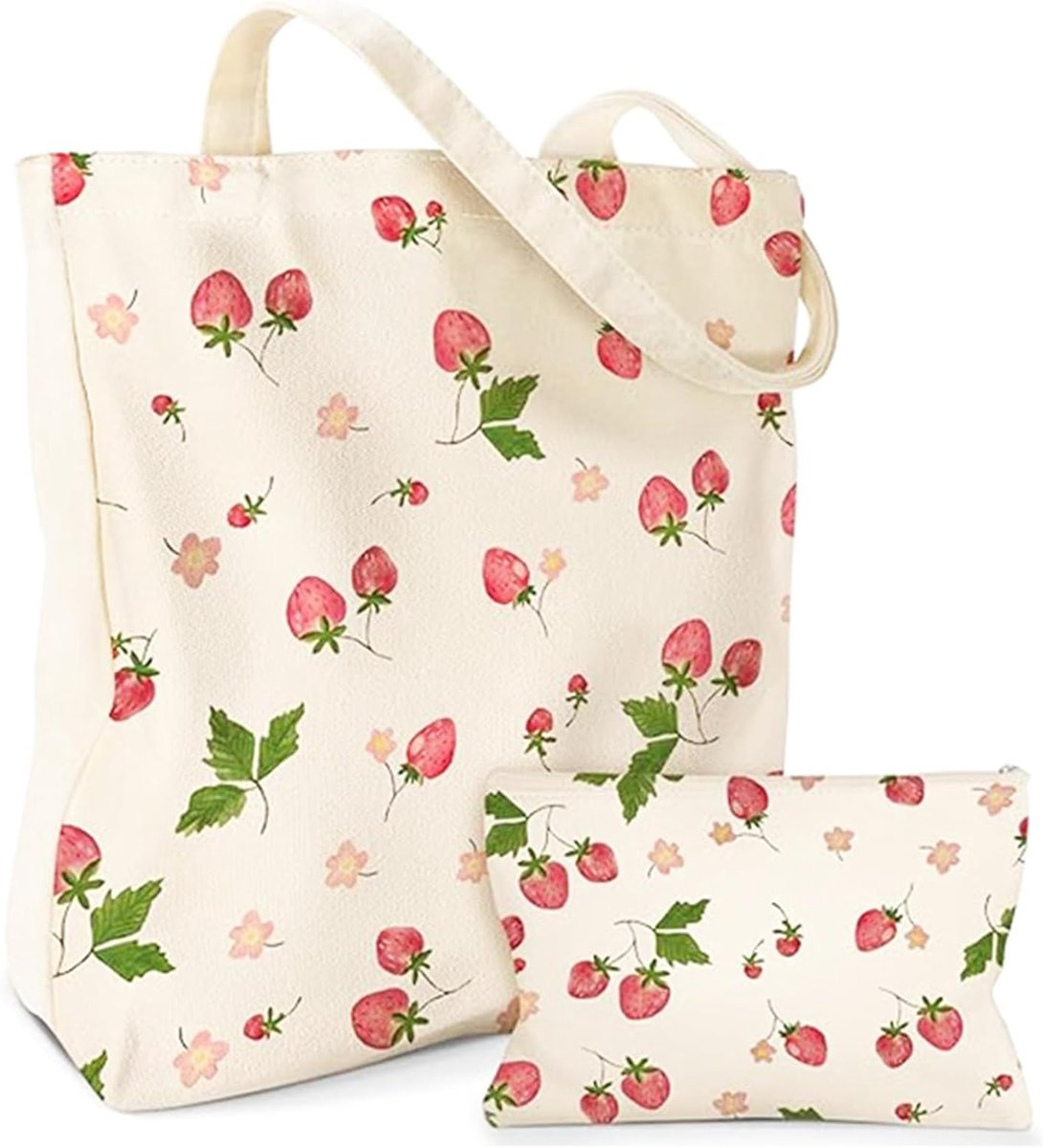 Set van 2 canvas tassen met motief, boodschappentas van canvas + make-uptas, herbruikbare stoffen tas voor school, werk, winkelen