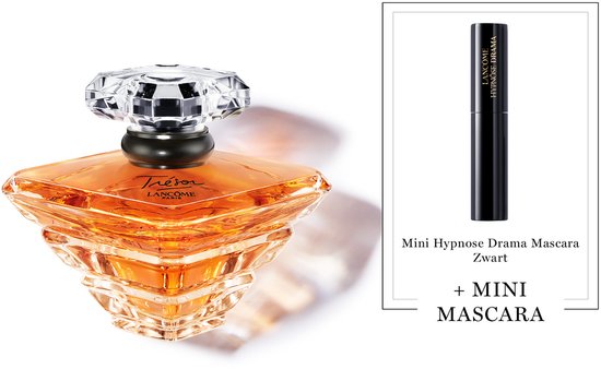 Lancôme Trésor Eau de Parfum 100ml met facetgeslepen dop en oranje vloeistof, met een zwart reismaat Hypnose Drama Mascara.