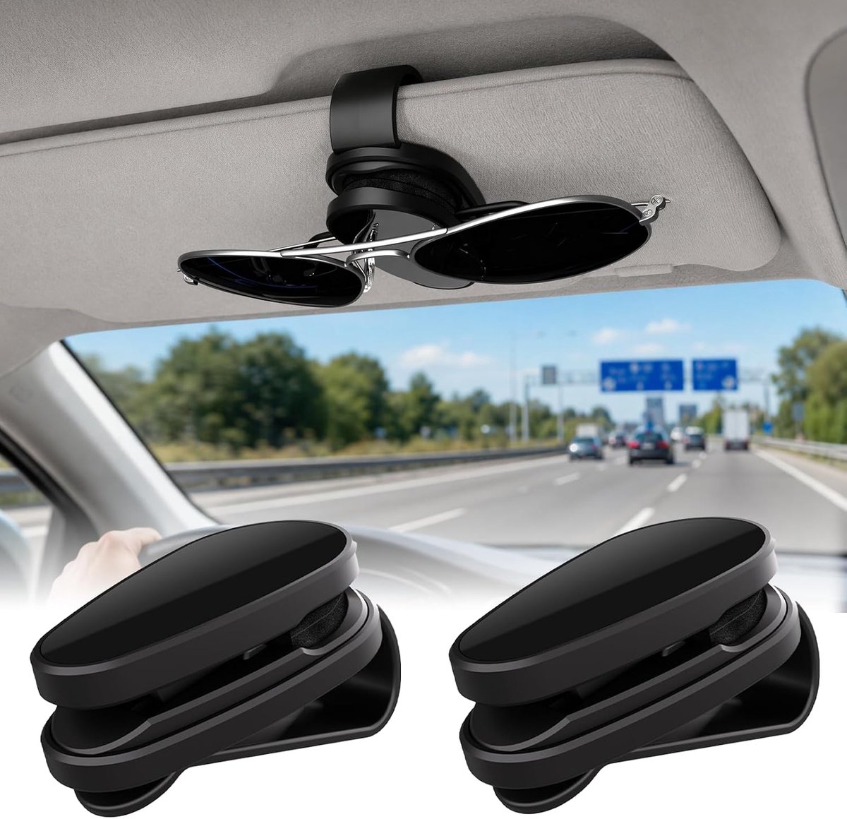 2 stuks autobrilclips voor zonneklep, zonnebrilhouder auto met anti-slip schuim, bediening met één hand, ruimtebesparende brillenopslag voor zonne- en leesbrillen, zwart