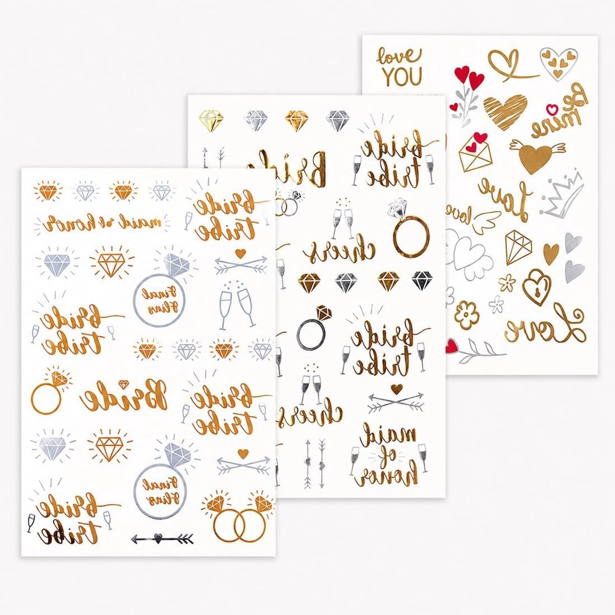 Tijdelijke tatoeages voor vrijgezellenfeest, bruidsteamdecoraties, 3 vellen (goud + zilver, standaard)