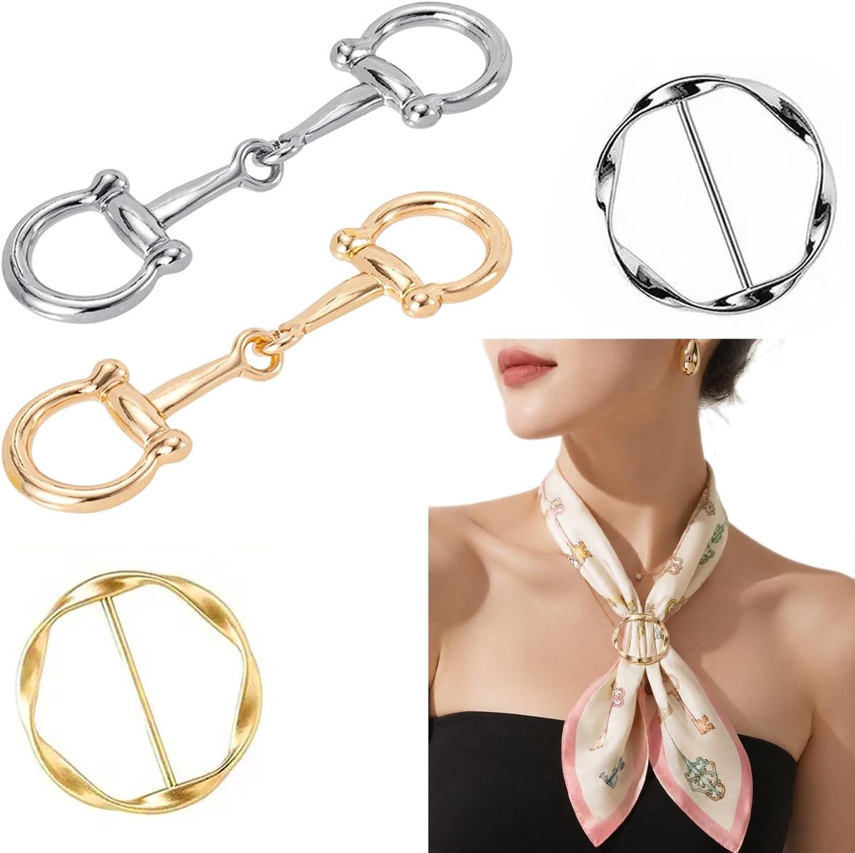 Set van 4 halsdoekclips in Horsebit-design, stijlvolle sjaalringen in metallic afwerking, veelzijdige trui-clip, verstelbare kraagsluiting, accessoire voor blouses en jurken