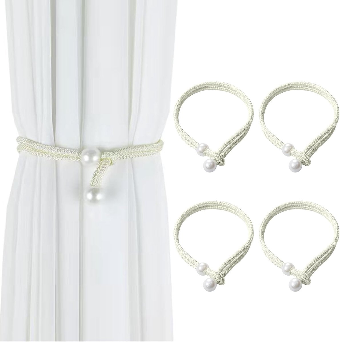 Set van 4 beige gordijnhouders met kliksluiting, parelmotief, gordijnhouder, decoratieve accessoires voor ramen