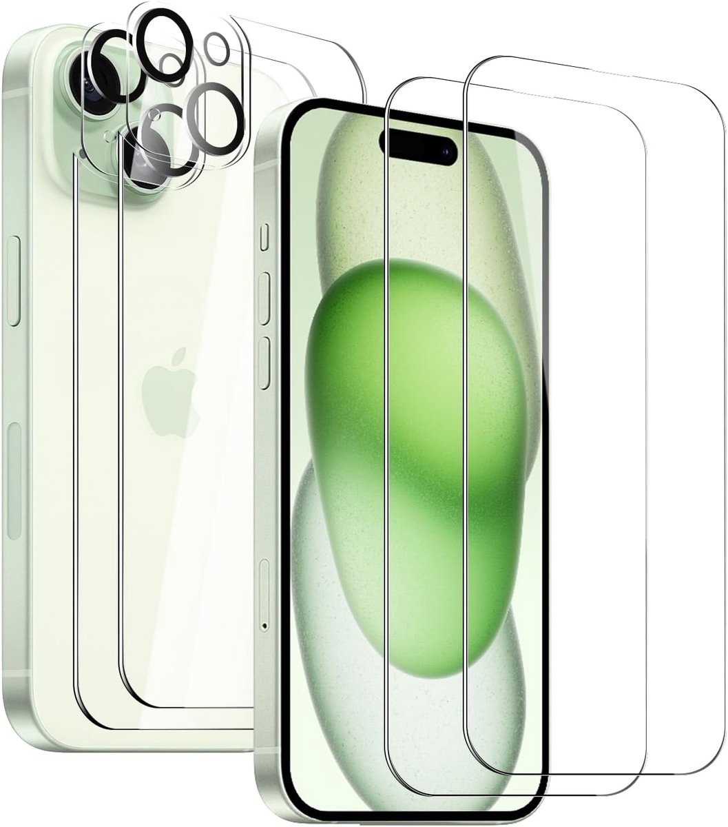 Glas Schermbeschermer Transparant voor iPhone 15, Set van 2 Schermfolie + 2 Lensbeschermers + 2 Achterfolie, Krasbestendig HD Helder