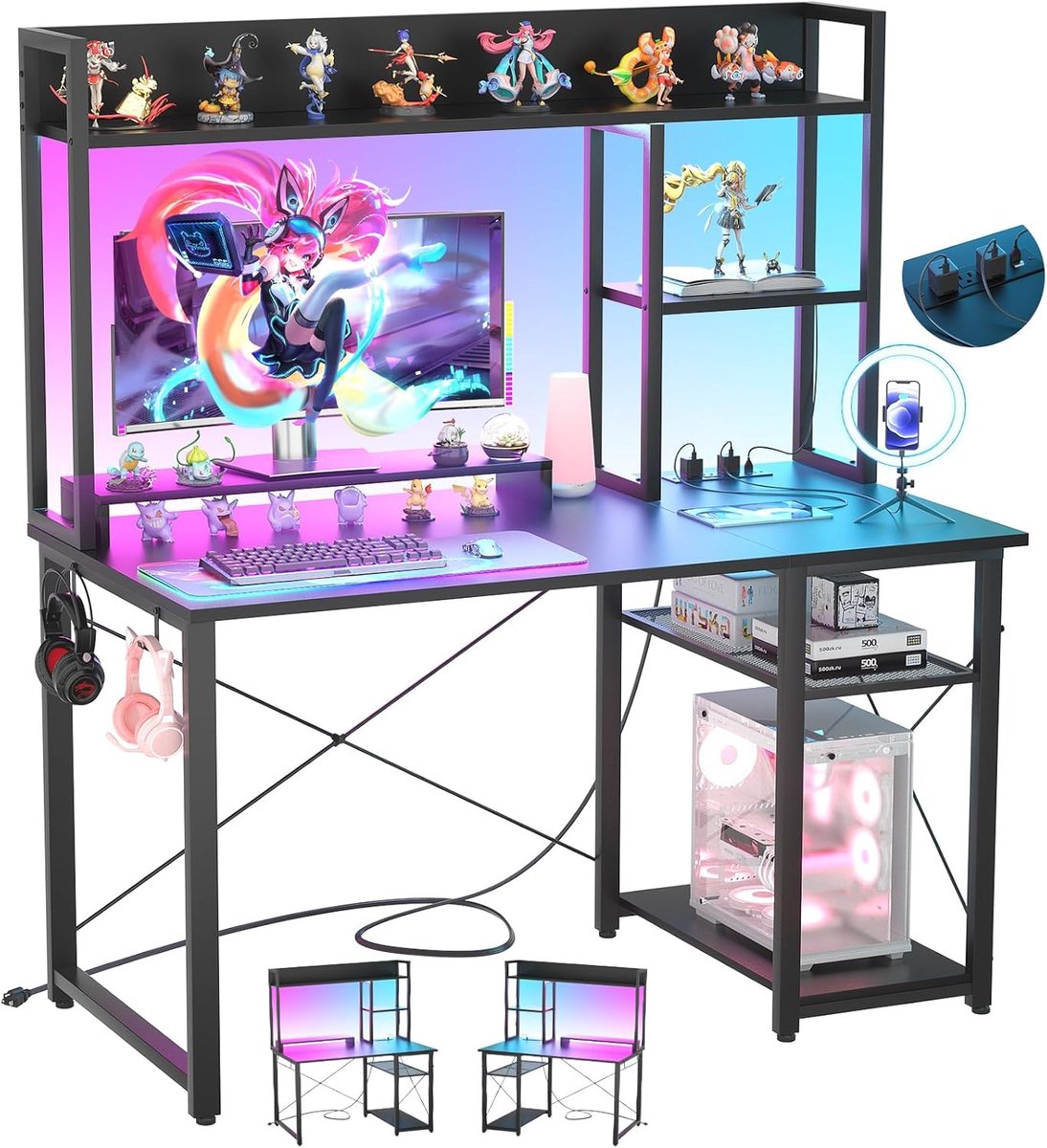 ISunirm Gamingtafel met Opbergvakken, Computerbureau met Monitorstandaard en Haken, Home Office Bureau met LED voor Studie, Vrije Tijd, Werk, Thuiskantoor, 120 x 50 x 147 cm, Zwart