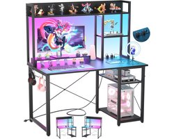 ISunirm Gamingtafel met Opbergvakken, Computerbureau met Monitorstandaard en Haken, Home Office Bureau met LED voor Studie, Vrije Tijd, Werk, Thuiskantoor, 120 x 50 x 147 cm, Zwart