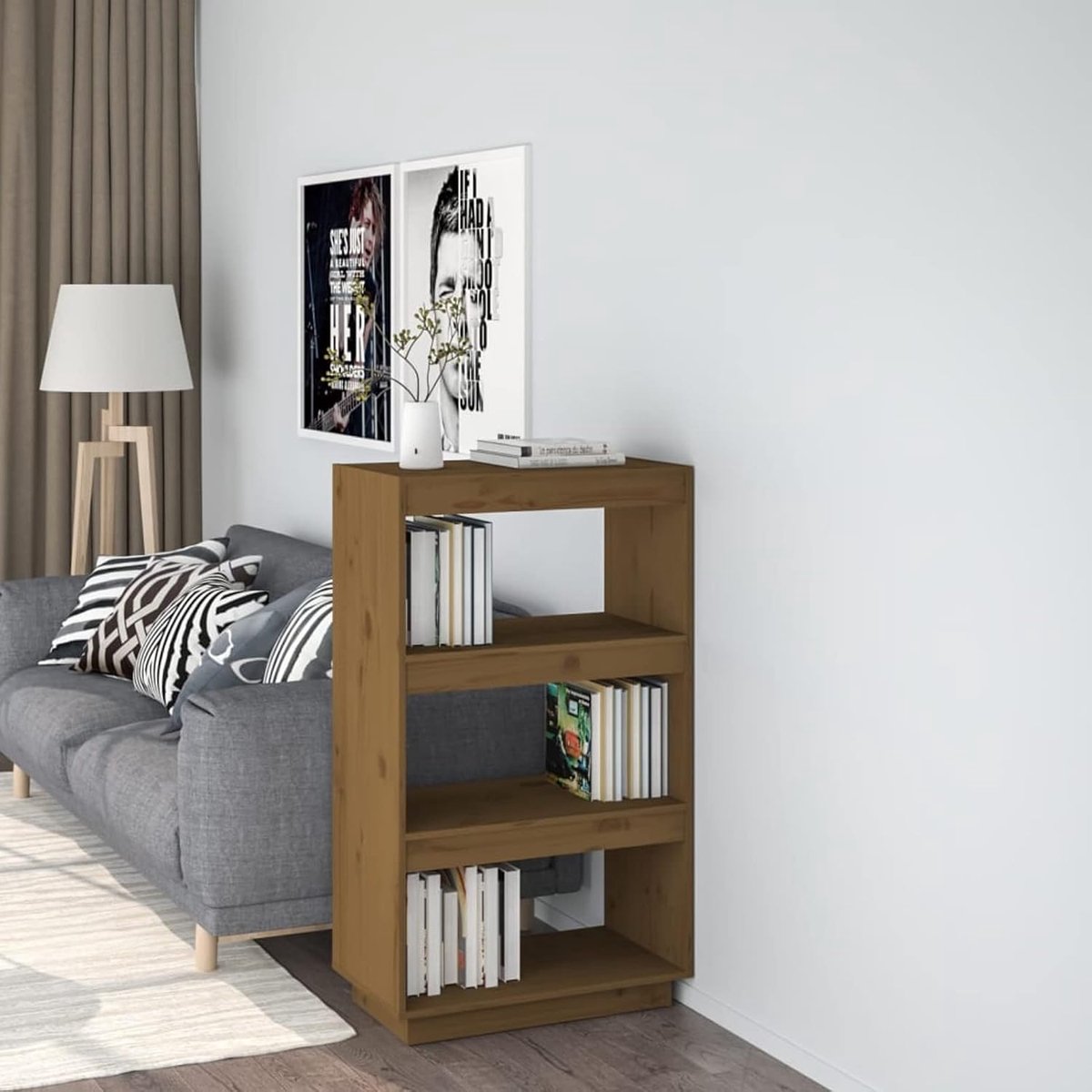 Boekenrek/scheidingswand honing, 60 x 35 x 103 cm, massief hout, grenenhout, boekenkast voor woonkamer, slaapkamer, kantoor, moderne boekenkast met 3 etages, boekenrek voor boekenplanken, multifunctioneel rek