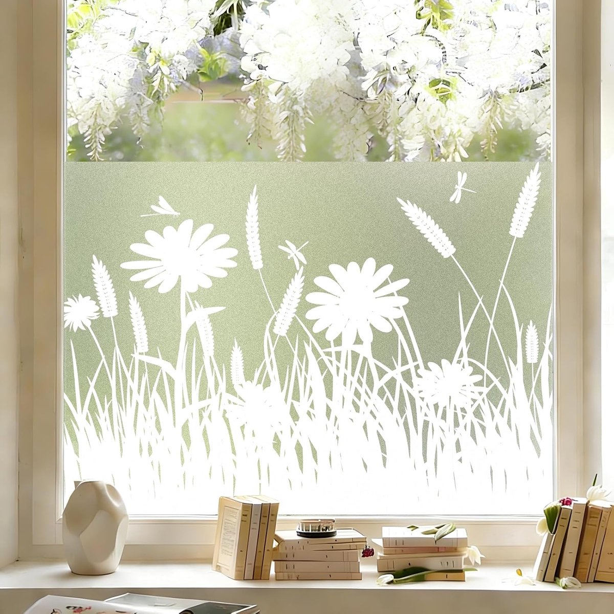 Dktie Statisch-hechtende raamfolie, witte blickdichte zichtbeschermingsfolie, anti-UV, gematteerd materiaal, met bloemmotief en grasachtig patroon, geschikt voor woonkamer, keukens en kantoren, 89 x