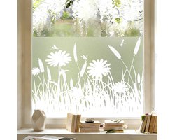 Dktie Statisch-hechtende raamfolie, witte blickdichte zichtbeschermingsfolie, anti-UV, gematteerd materiaal, met bloemmotief en grasachtig patroon, geschikt voor woonkamer, keukens en kantoren, 89 x