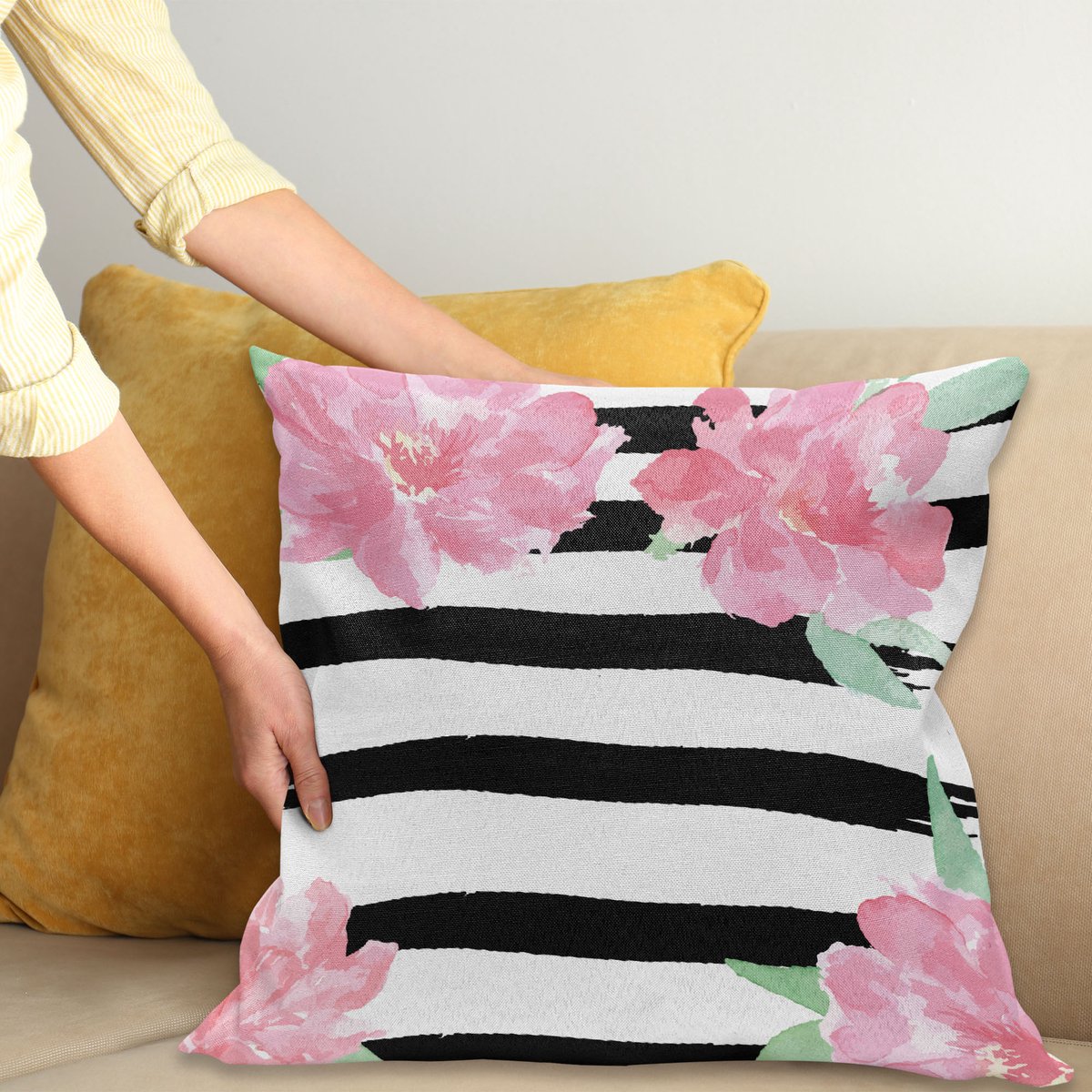 ABAKUHAUS Bloemen Sierkussenhoes, Aquarel Pioenroos Bloemen met Zwart Brush Strokes Romantisch Lente Print, Decoratieve Vierkante Sierkussenhoes, 50 x 50 cm, Wit Roze