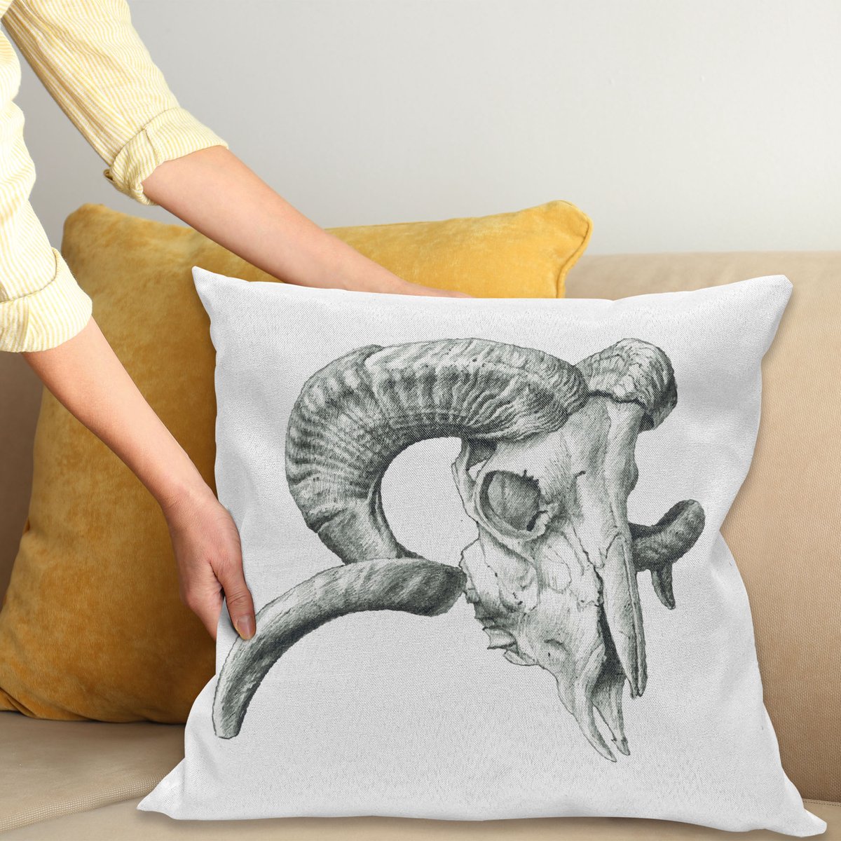 ABAKUHAUS Schedel Sierkussenhoes, Scary Berg Goat Dier Schedel Illustratie in Donker Kleuren Dead Horns Wild Natuur, Decoratieve Vierkante Sierkussenhoes, 45 x 45 cm, Wit Grijs