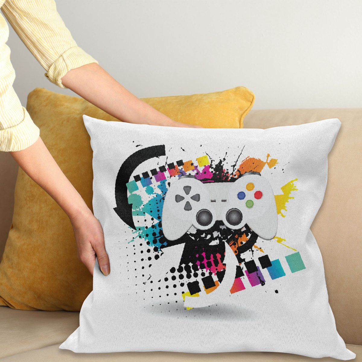 ABAKUHAUS Gamer Sierkussenhoes, Modern Console Game Controller met Halftone Motief en Kleur Splashes Achtergrond, Decoratieve Vierkante Sierkussenhoes, 40 x 40 cm, Grijs