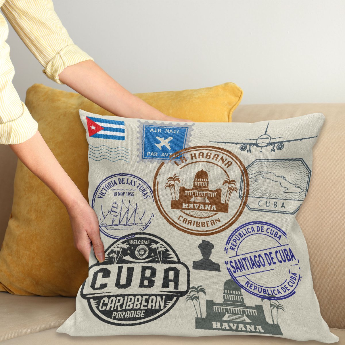 ABAKUHAUS Havana Sierkussenhoes, Travel Concept Passport Stamp Ontwerp van Cuban Cities en Landmarks, Decoratieve Vierkante Sierkussenhoes, 50 x 50 cm, Cobalt Blauw