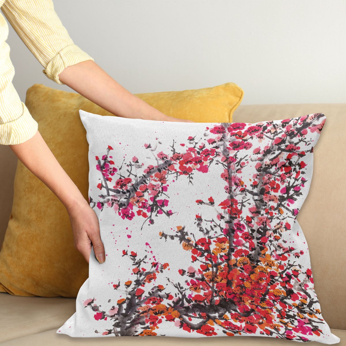 ABAKUHAUS Japans Sierkussenhoes, Japans Kersen Blossoms in Aquarel Brush Stijl Oosters Levendig Oosters Kunst, Decoratieve Vierkante Sierkussenhoes, 60 x 60 cm, Oranje Rood