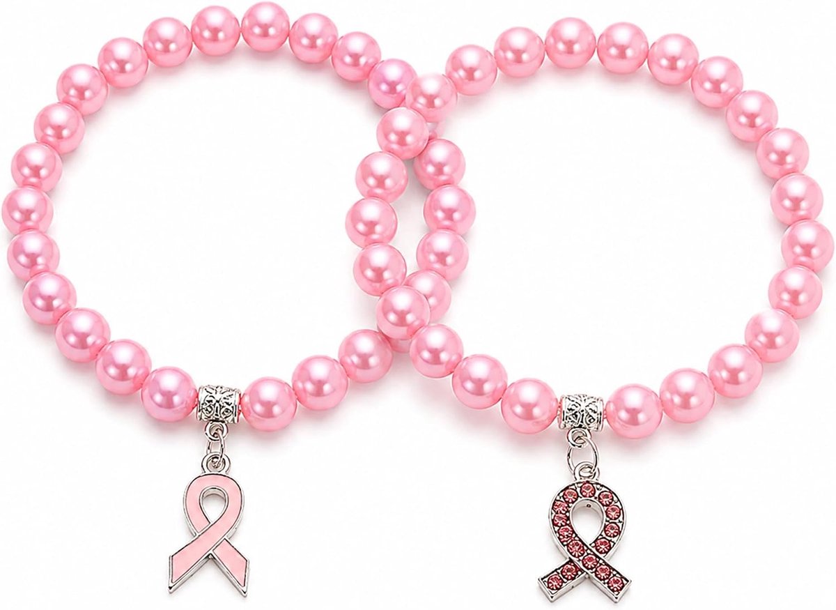 2 stuks roze lint awareness armbanden met zilveren bedels