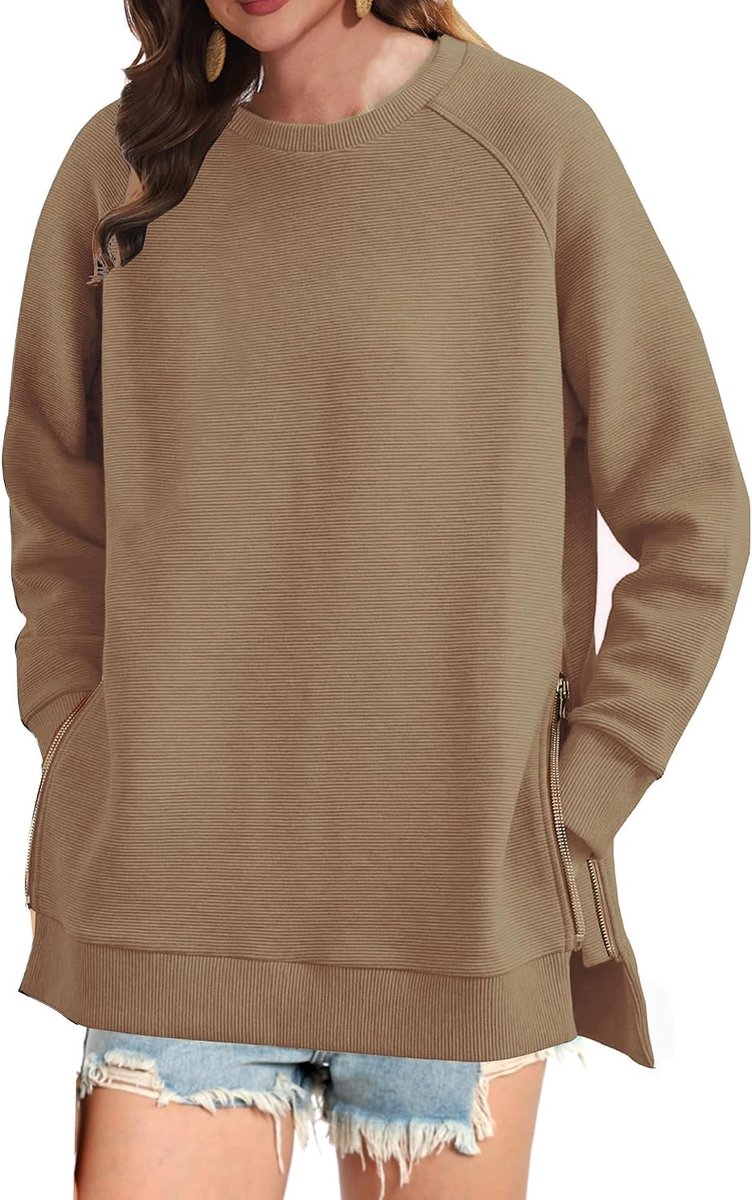 Sweatshirt dames ronde hals pullover top casual pullover met ritssluiting pullover dames herfst mode lange mouwen met zijsplit