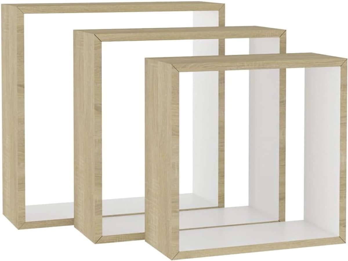 Plank, badkamerrek, plantenrek, boekenkast, 3 stuks, wit en sonoma-eiken, voor badkamer, slaapkamer, woonkamer, kantoor