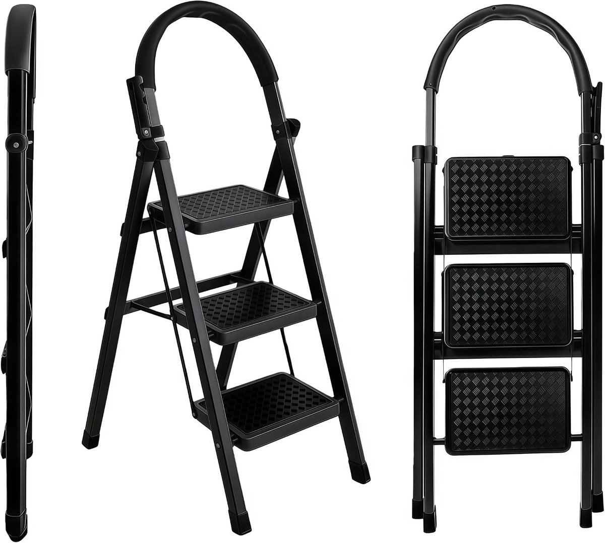 Ladder met 3 treden van koolstofstaal, ladder met 3 treden met veiligheidsvergrendeling, inklapbaar, breed antislip stavlak, voor keukenladder, draagkracht 150 kg, wit en zwart