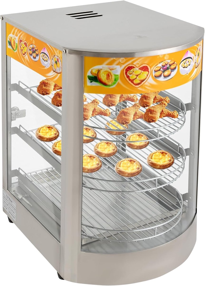 Voedselverwarmer met verlichting, 3-etages, warmhoudvitrine, roestvrij staal, opzetvitrine, warm aanrecht, 30-85 °C, voor bakkerijen, cafés, snelrestaurant enz. 800 W