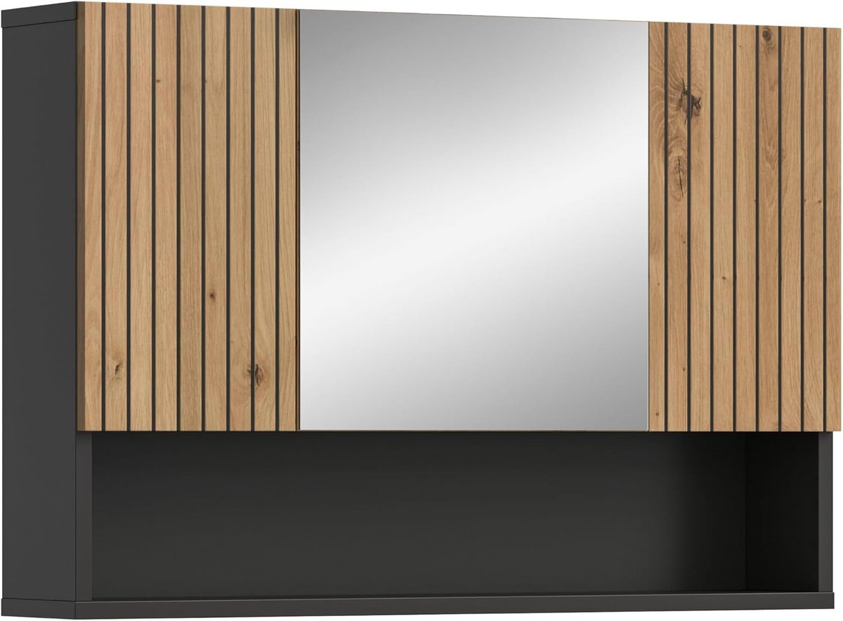 Xonox.home Spiegelkast Mone 80 x 55 x 17 cm in corpus basalt replica en front Artisan Oak imitatie – spiegelkast met houtlook – functioneel en modern