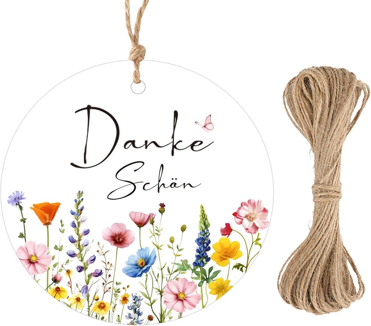 Dank mooie cadeaulabels, 5,5 cm, ronde etiketten, labels met 10 m jute koord, 50 stuks