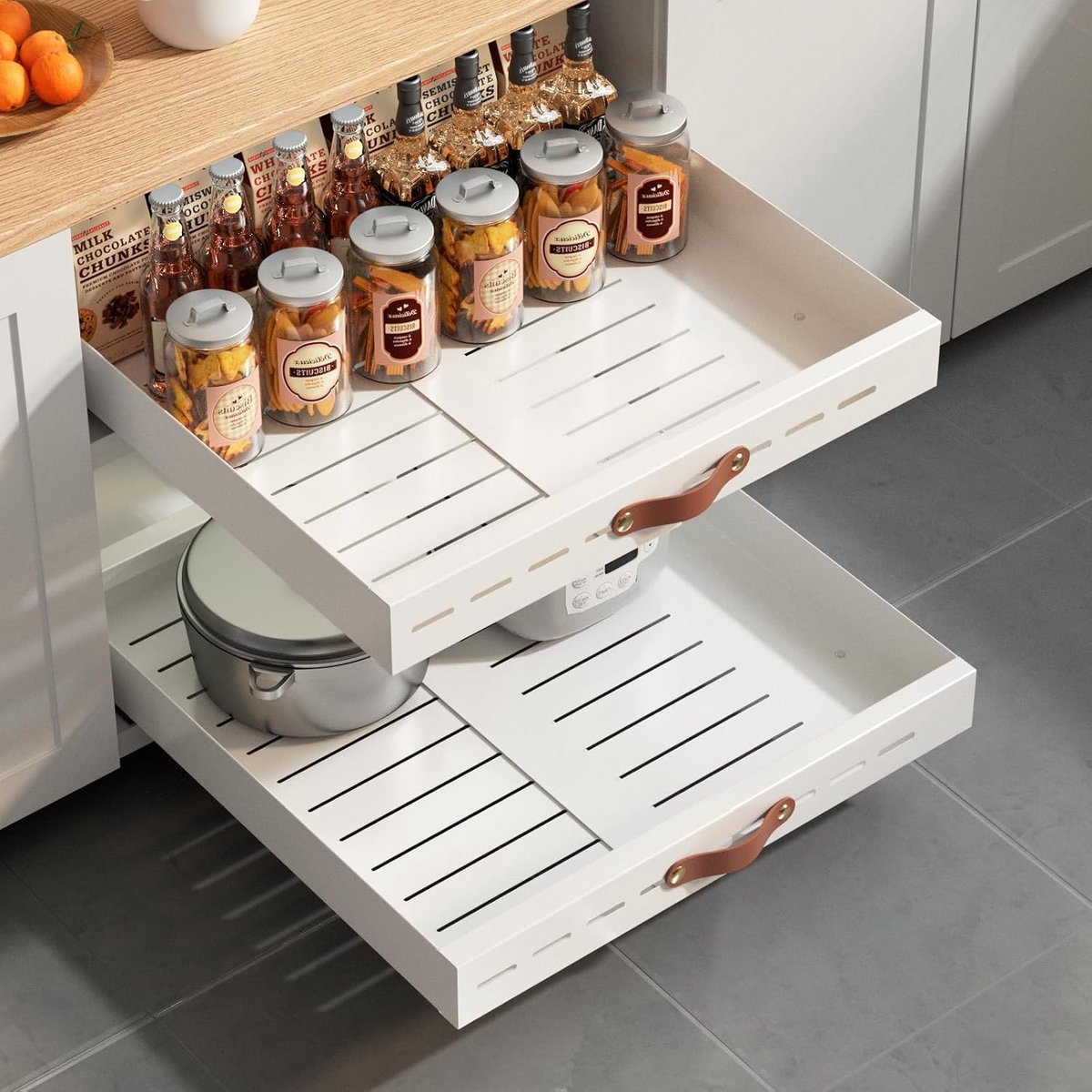 Telescopische lade, uittrekbare lade, voor keuken, verstelbare breedte, uittrekbare kast, organizer, geen boren, voor keuken, woonkamer, badkamer, 30-50 x 53 x 6 cm, wit, 1 stuk