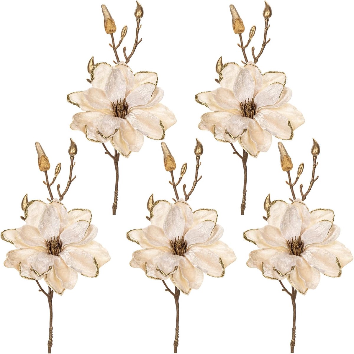 Kunstbloemen Kerstmis 14,5 inch Kerst Fluwelen Magnolia Bloemen Stengels met Gouden Knoppen Crème Kerstboomdecoraties Xmas Ornamenten voor Garland Bruiloft Party Woondecoraties