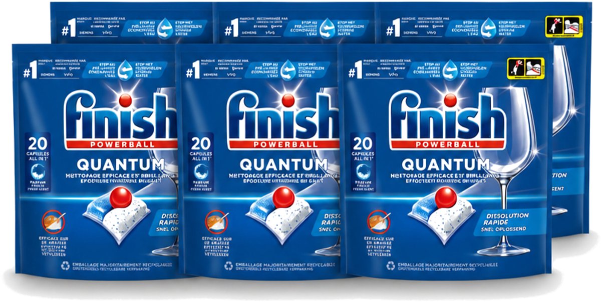 6 x Finish - Vaatwasmiddel - Quantum Vaatwastabletten Regular - Diepe Reiniging - 20 capsules - Voordeelverpakking - 6 stuks