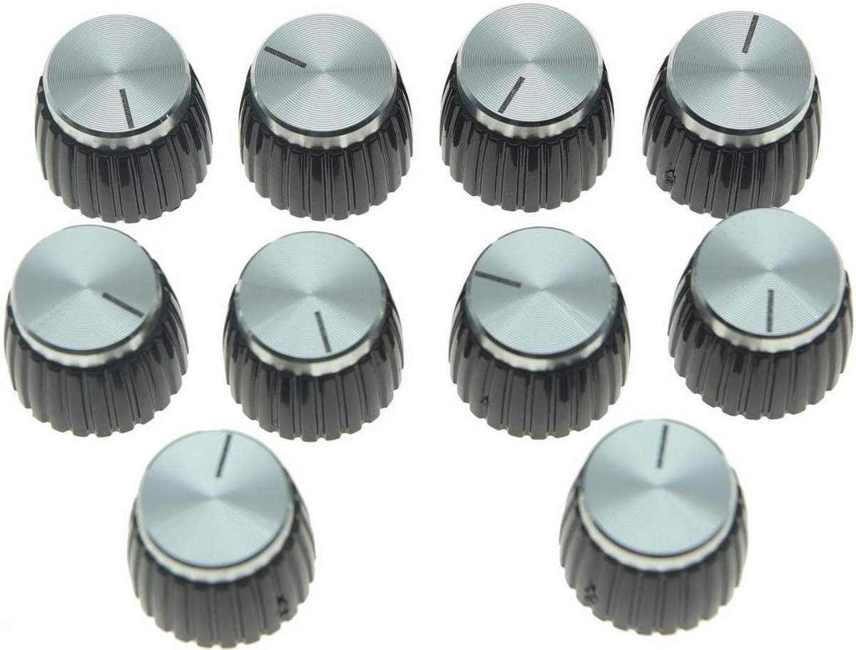 10 stks Gitaar AMP Versterker Push on fit Knoppen Zwart met Zilver Aluminium Cap Top voor Marshall Versterkers met 6mm diameter Potten