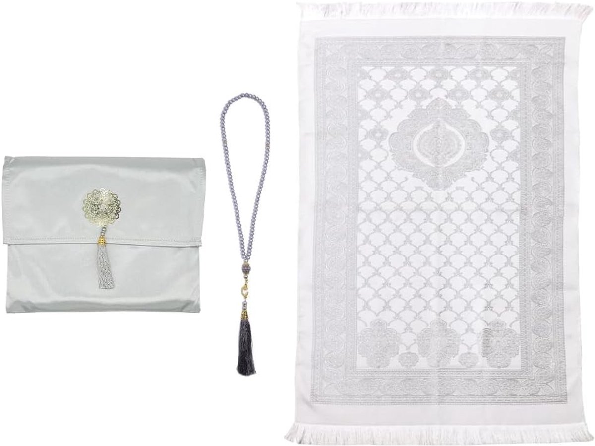 Islamitische Gebedskleed met Gebedskralen en Tas, Ideaal voor Reizen, Grijs, 110 x 70 cm, Voor Moslims, Ramadan, Comfortabel en Duurzaam
