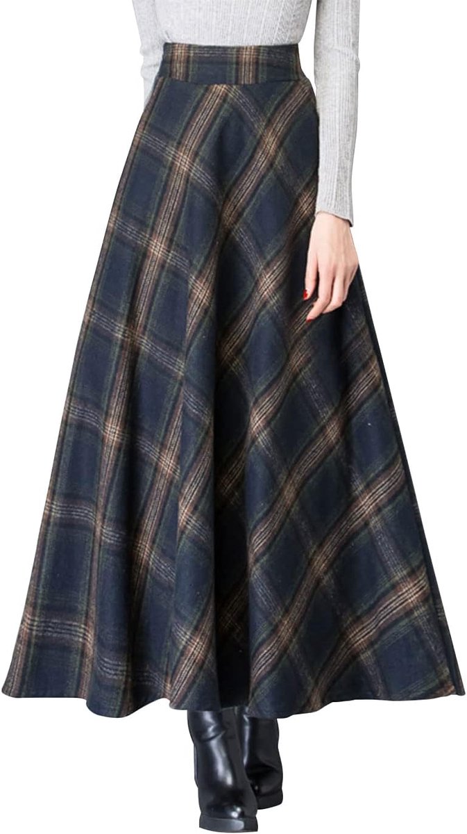 ebossy Lange maxi-rok met zak voor dames, hoge taille, wolmix, geruit, A-lijn