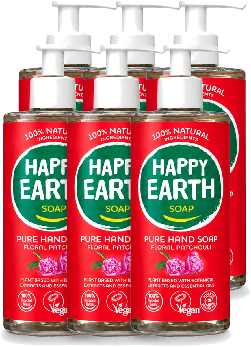 6 x Happy Earth – Handzeep – 100% Natuurlijk Floral Patchouli – 300 ml - Voordeelverpakking - 6 stuks