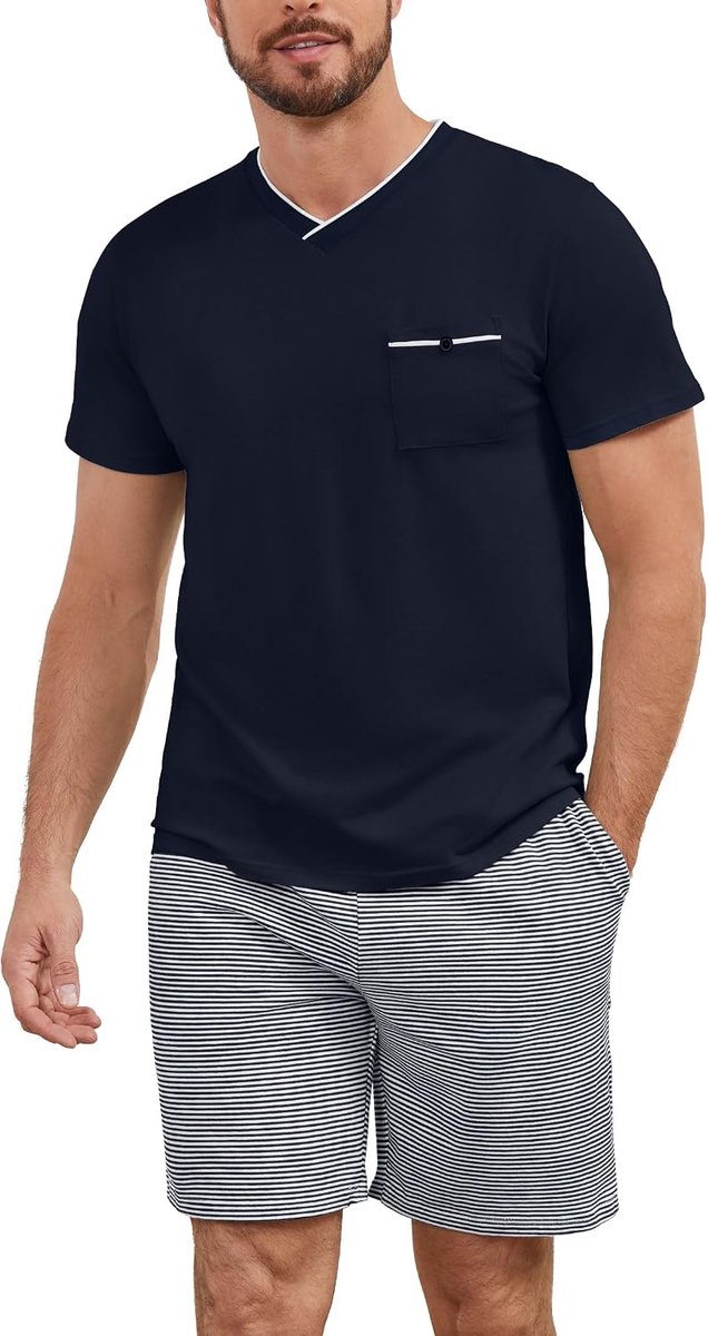 Pyjama heren korte pyjama katoen nachtkleding tweedelige set shirt met korte mouwen en strepen pyjamabroek