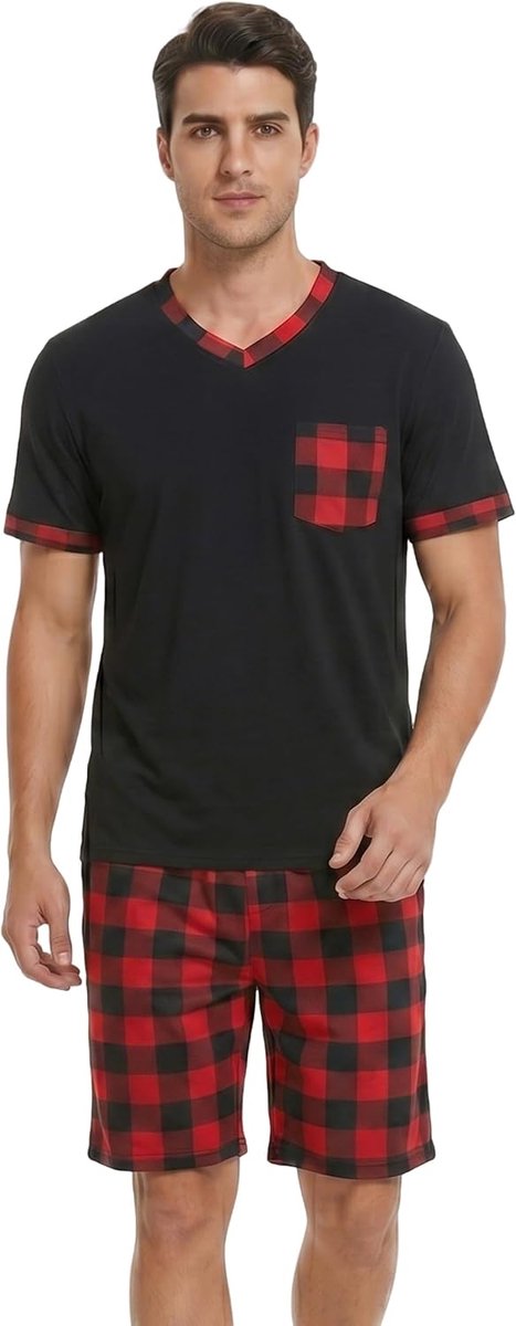 Herenpyjama-set met V-hals en korte mouwen en geruite shorts met zakken, zachte nachtkleding voor heren, pyjamasets, zomerloungewear