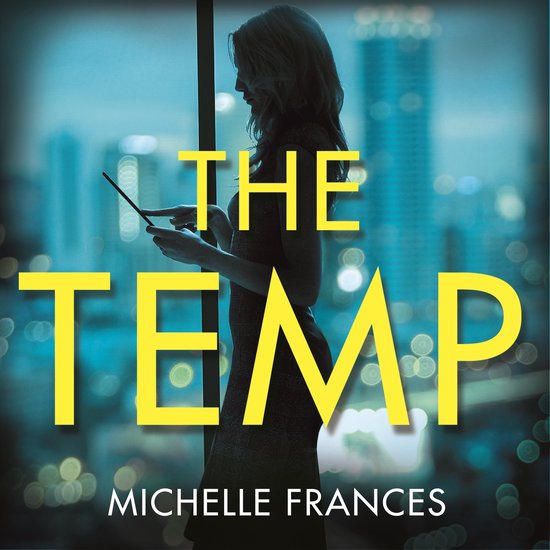 Vrouw met tablet voor stedelijk landschap. Tekst: THE TEMP MICHELLE FRANCES.