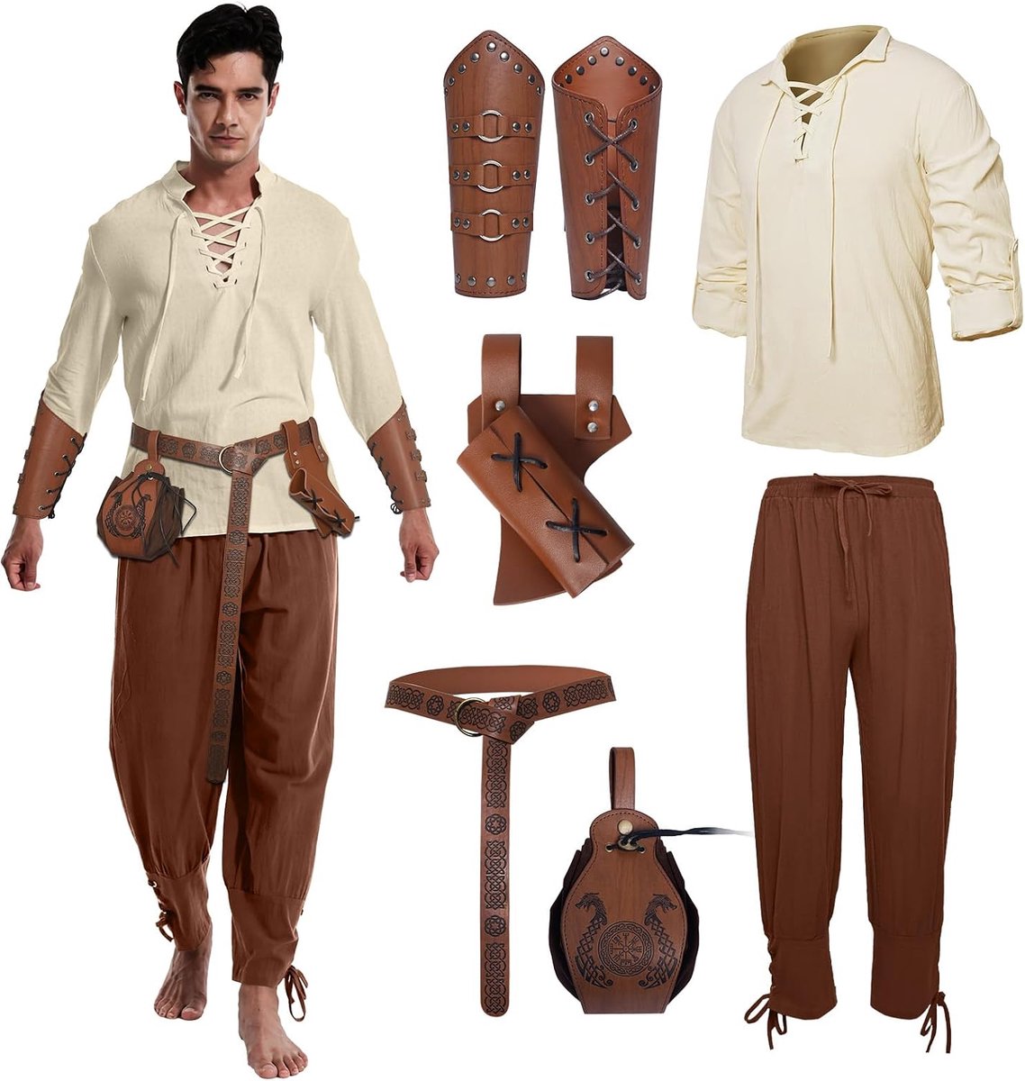 kleding heren set Viking kostuum met heren middeleeuwse piraten, middeleeuwse broek met mannen armbeschermers ridder riem, retro piraten-gouden muntentas