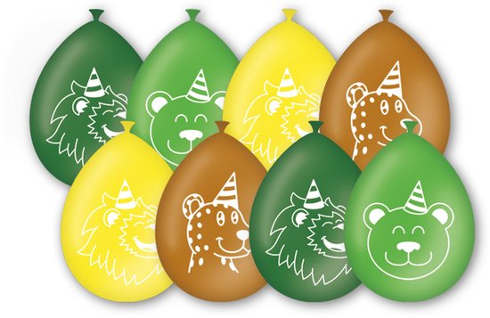 Set van 8 ballonnen met dierenprints van bruine en groene beren en leeuwen met feestmutsen, en gele ballonnen met leeuwenkoppen.