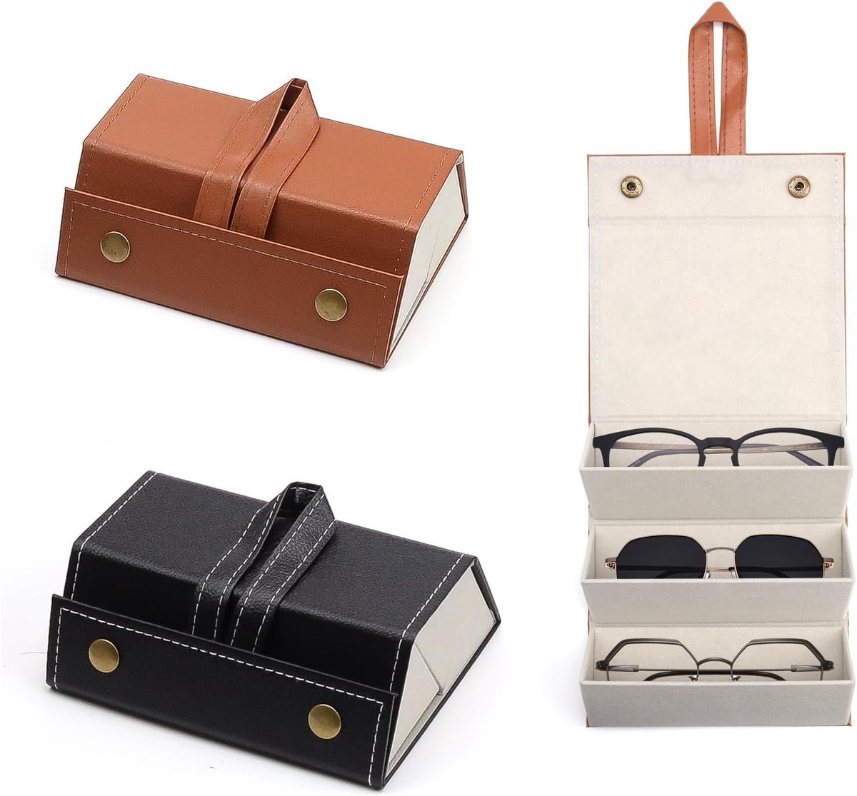 Set van 2 Opbergdozen voor Zonnebrillen en Brillen, Vouwbare Leren Etui voor Brillen, Sieraden en Horloges in Zwart en Khaki