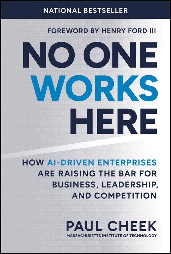 Boek kaft met de titel 'NO ONE WORKS HERE' in grote blauwe letters, met ondertiteling en de auteur.