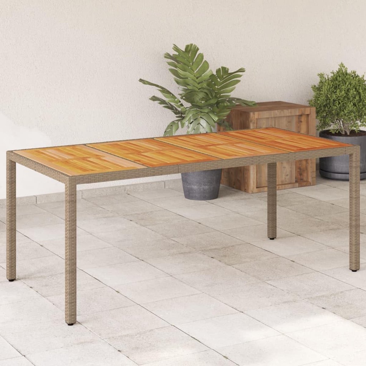 190x90x75 cm poly rattan acaciahout beige buiten eettafel weerbestendig tuinmeubel terras eetkamertafel robuust