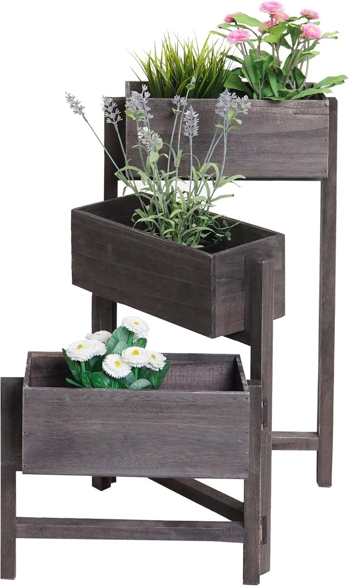 Plantenrek T275, Plantenhouder, Staand Rek, Bloemenstandaard, Plantenbak, 65 x 108 x 15 cm, Hout, Shabby-Look, Vintage, Grijs-Bruin