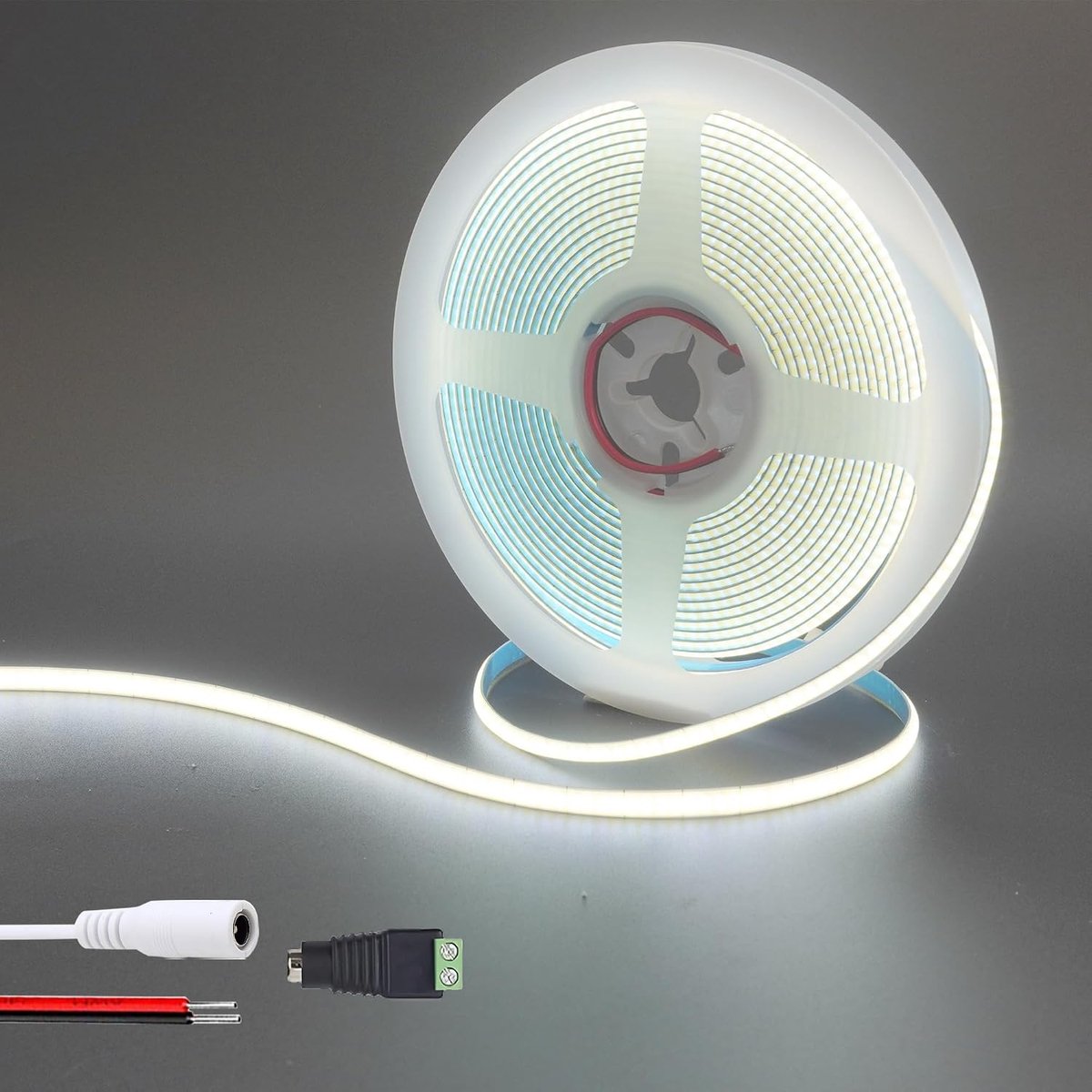 12V5mm Breedte COB LED Stripverlichting (Zonder Voeding),16,4FT/5 m,Koel Wit 6500K,400LEDs/m,met 5521DC Vrouwelijke Connector,10W/m,Elektrogeleide Dubbelzijdige Panel Lightstrip,IP20