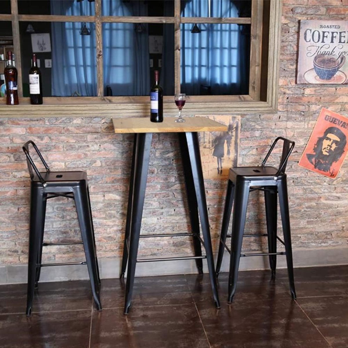 Eettafel Keukentafel Klein Eetkamertafel met Houten Plaat Vierkante Tafel Eiken-Look met Metalen Poot voor Woonkamer Balkon Eetkamer-60 x 60 x 110cm – Houtkleur