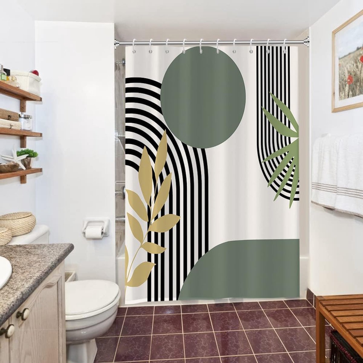 Douchegordijn, groen, schimmelwerend, 150 x 180 cm, bladeren, saliegroen, bohemien, abstract, badgordijnen, waterdicht, wasbaar, badkamergordijnen, met 10 haken