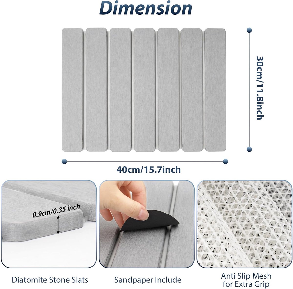 Badmat Sneldrogende, Diatomeeënaarde Badkamertapijt Antislip, Badmatten Waterabsorberende, Opvouwbaar Douche Mat, Steenmatten voor Bad, Badkamer, Keuken (Lichtgrijs, 40 x 30 cm)